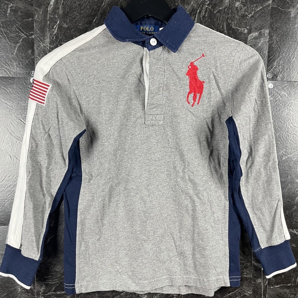 Polo Ralph Lauren Boy's Grey Big Pony USA Polo Shirt Small (8) -Flaws